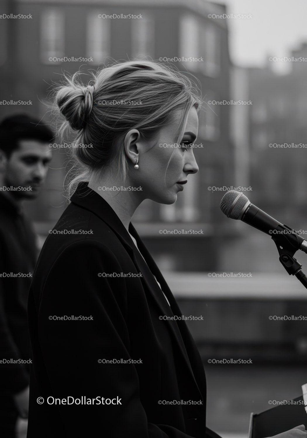 Elegant Woman in Black Blazer Speaking at City Street Microphone