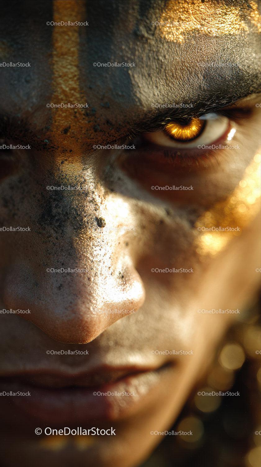 Close-up of An African Tribal Face with Gold Metallic Body Art Stock Photo Bundle preview 9