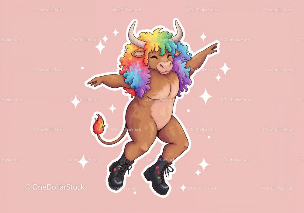 Dancing cartoon bull with rainbow curly hair and black boots on pink background
