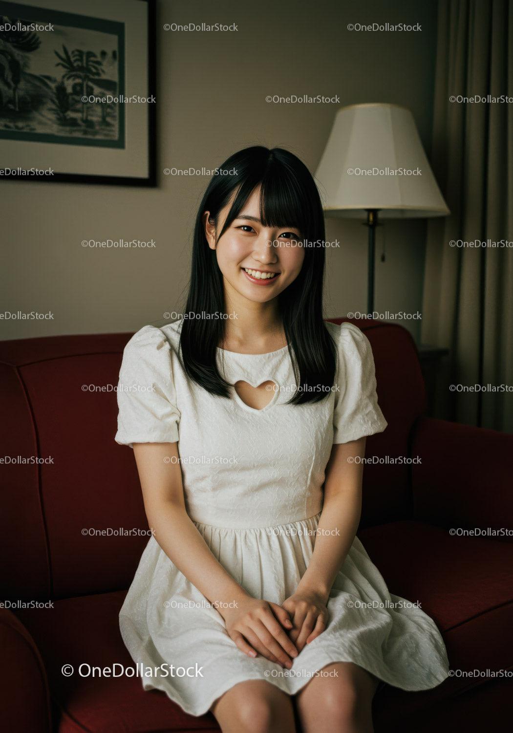 Smiling Young Woman Sitting on Sofa in Cozy Modern Living Room