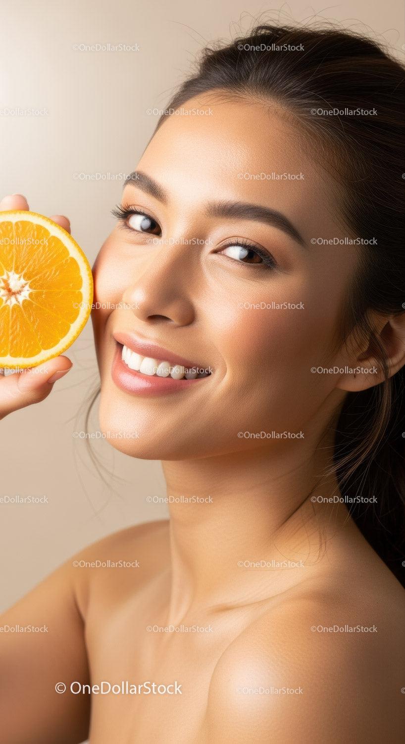 Beautiful Woman with Glowing Skin Holding Orange Slice in Bright Portrait