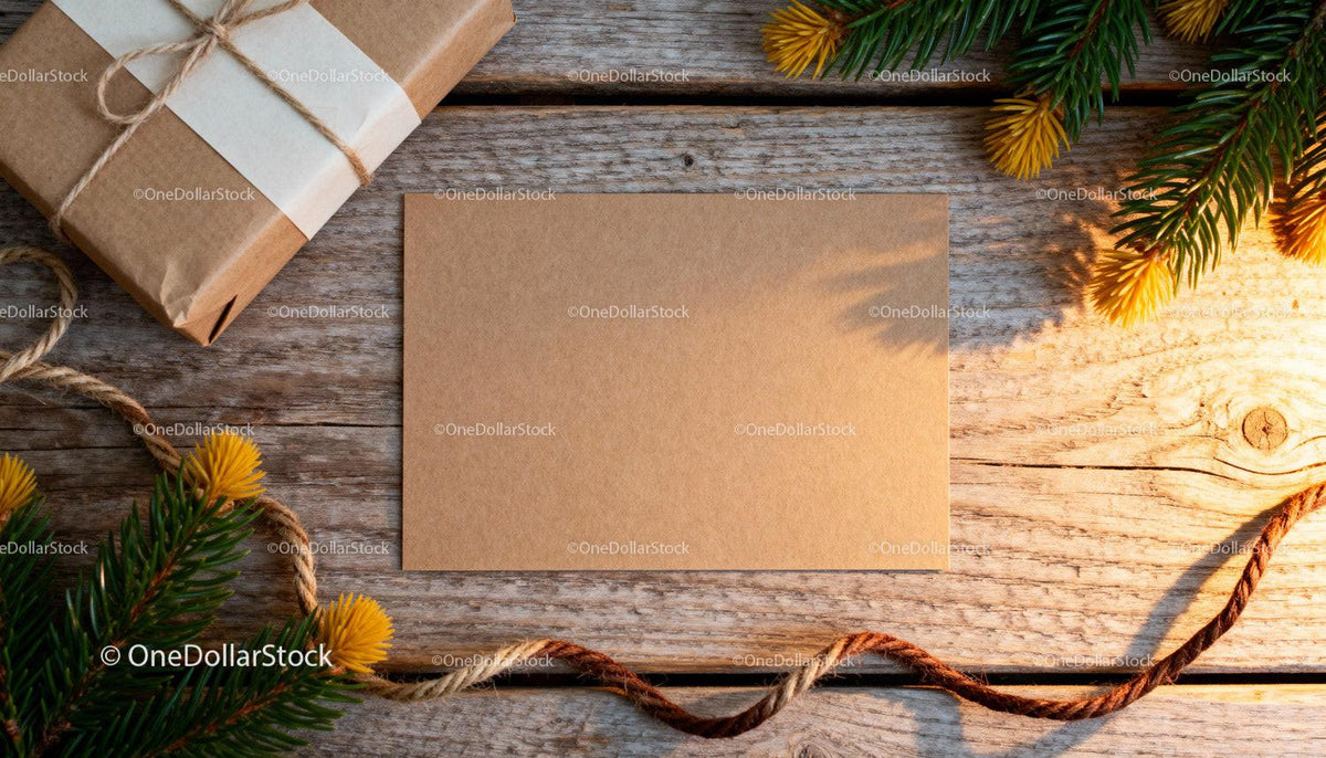 Blank Card and Rustic Gift with Pine Branches on Wood JPG Mockup Image preview