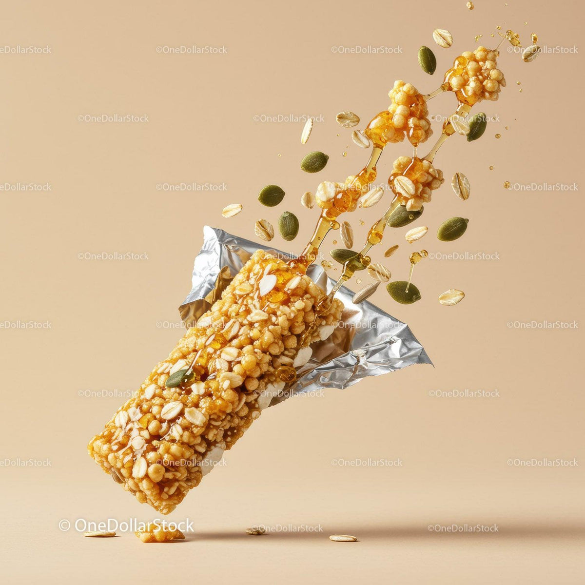 Crunchy granola bar with seeds and honey drizzle