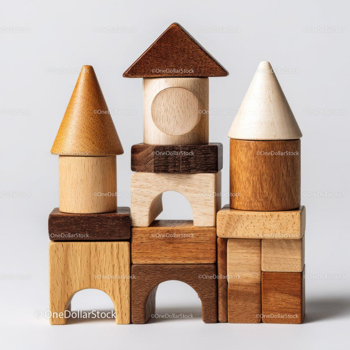 Miniature castle made of natural wooden blocks with arches and cones