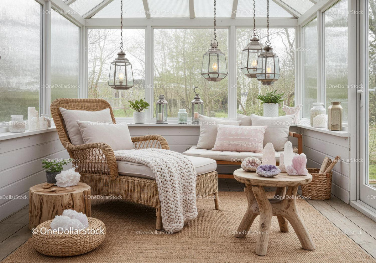 Cozy sunroom with natural textures and soft cushions