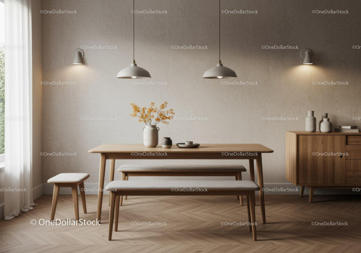 Minimalist dining room with wooden furniture and soft lighting