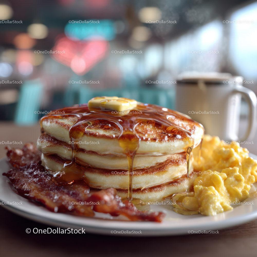 Sweet Pancakes with Syrup Bacon and Scrambled Eggs for Breakfast
