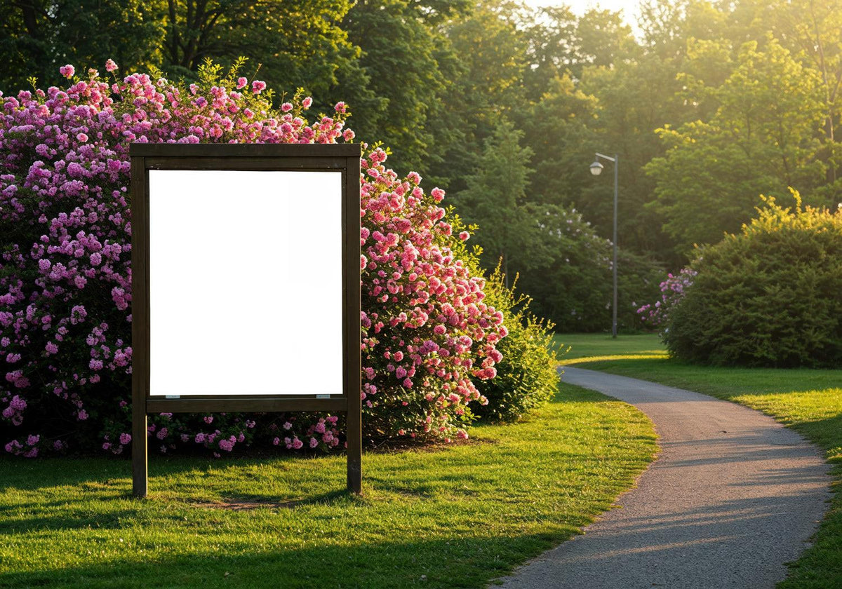 Empty wooden board near blooming pink roses in park JPG Mockup Image preview