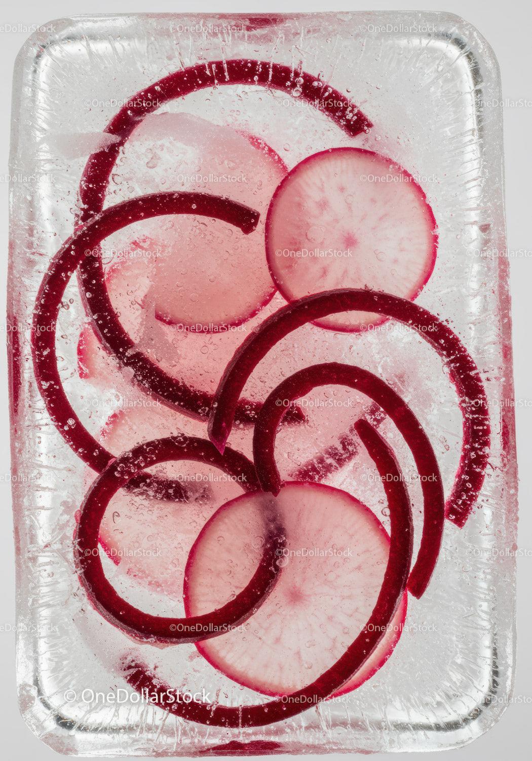 Frozen slices of red radish and onion in ice block