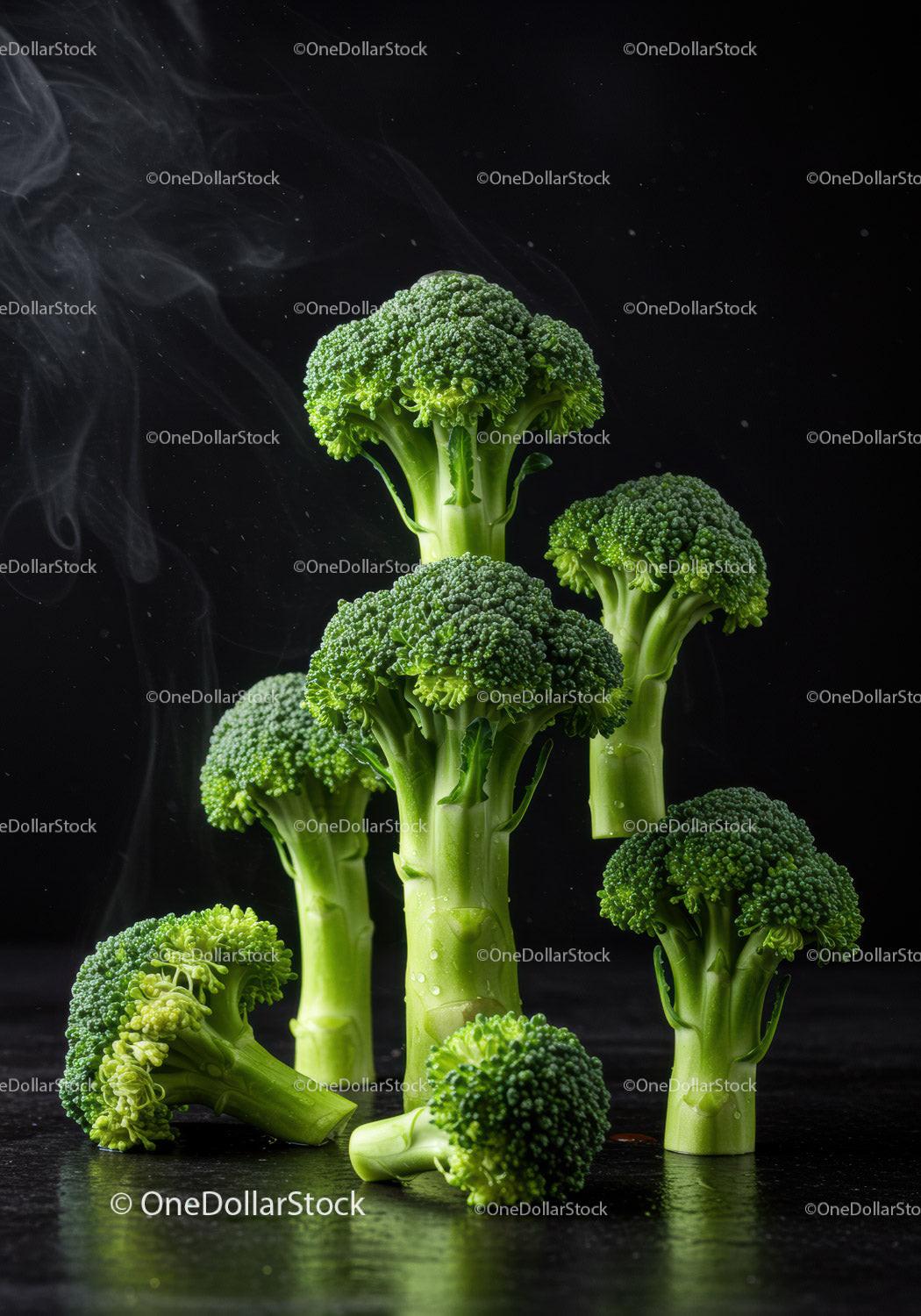 Fresh Broccoli Stalks on Dark Surface with Steam