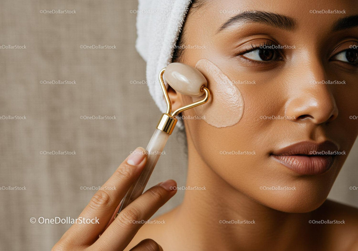 Woman Using Facial Jade Roller for Skincare and Relaxation