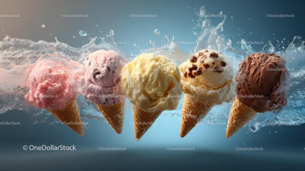 Colorful Ice Cream Scoops in Waffle Cones Splashing Water Stock Photo Bundle preview 7