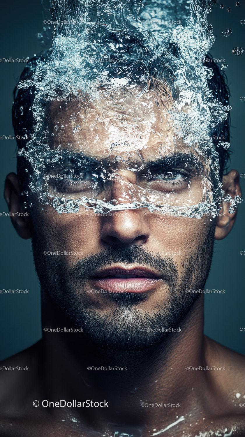 Closeup of man with beard and water splash across face