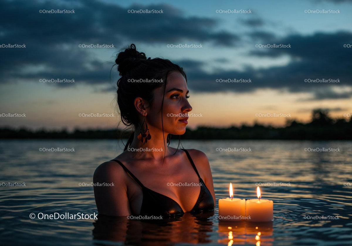 Woman in Black Bikini with Candles Floating in Lake at Sunset Stock Photo Bundle preview