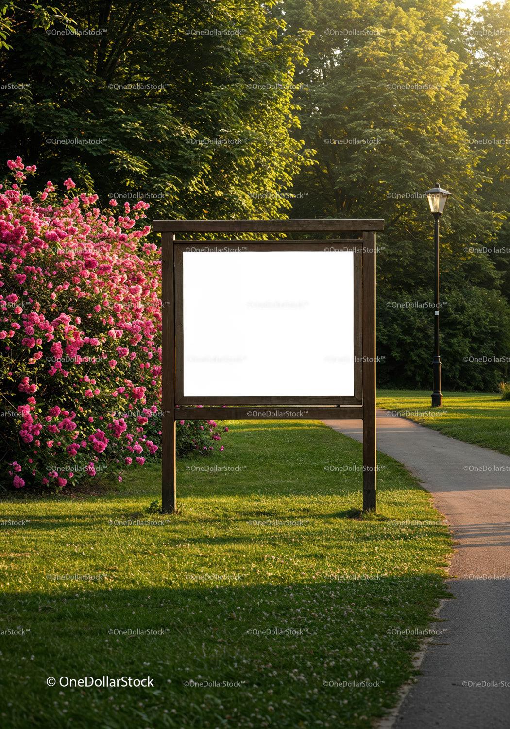 Empty wooden signboard in park with blooming pink flowers JPG Mockup Image preview