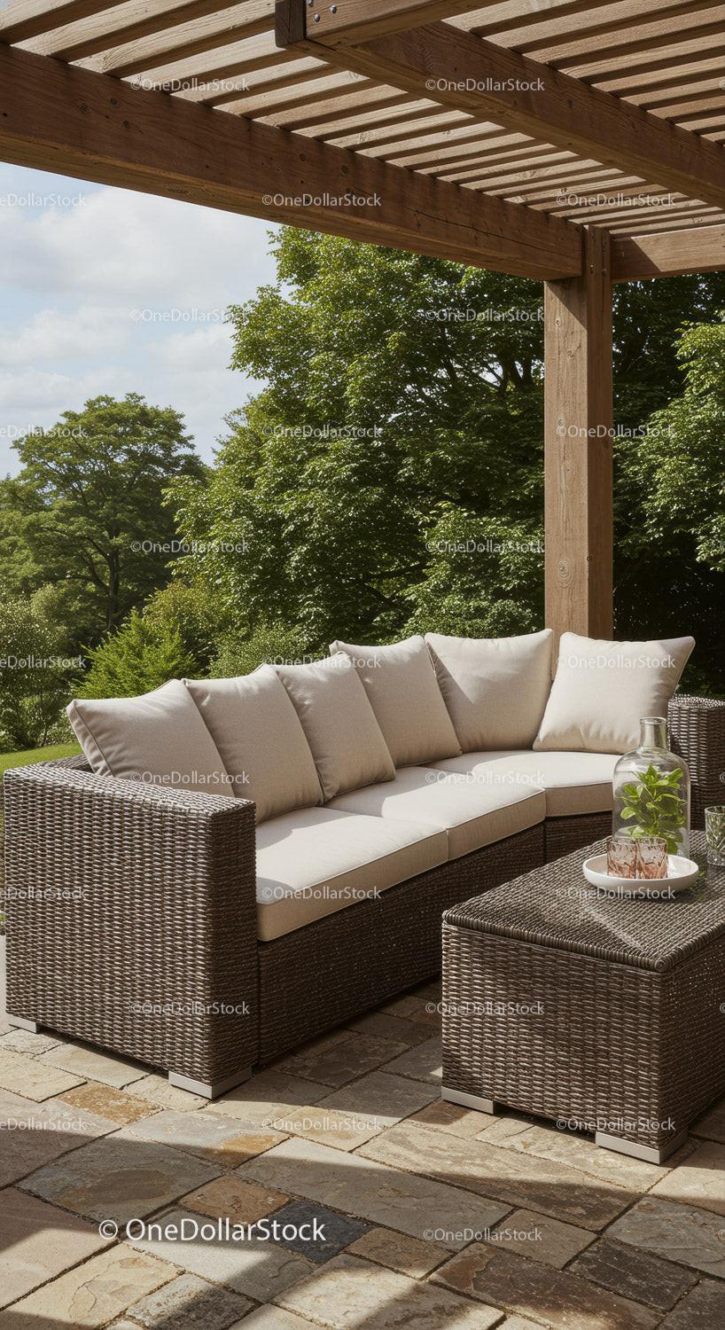 Stylish Outdoor Wicker Sofa Set with Cushions Under Wooden Pergola in Garden