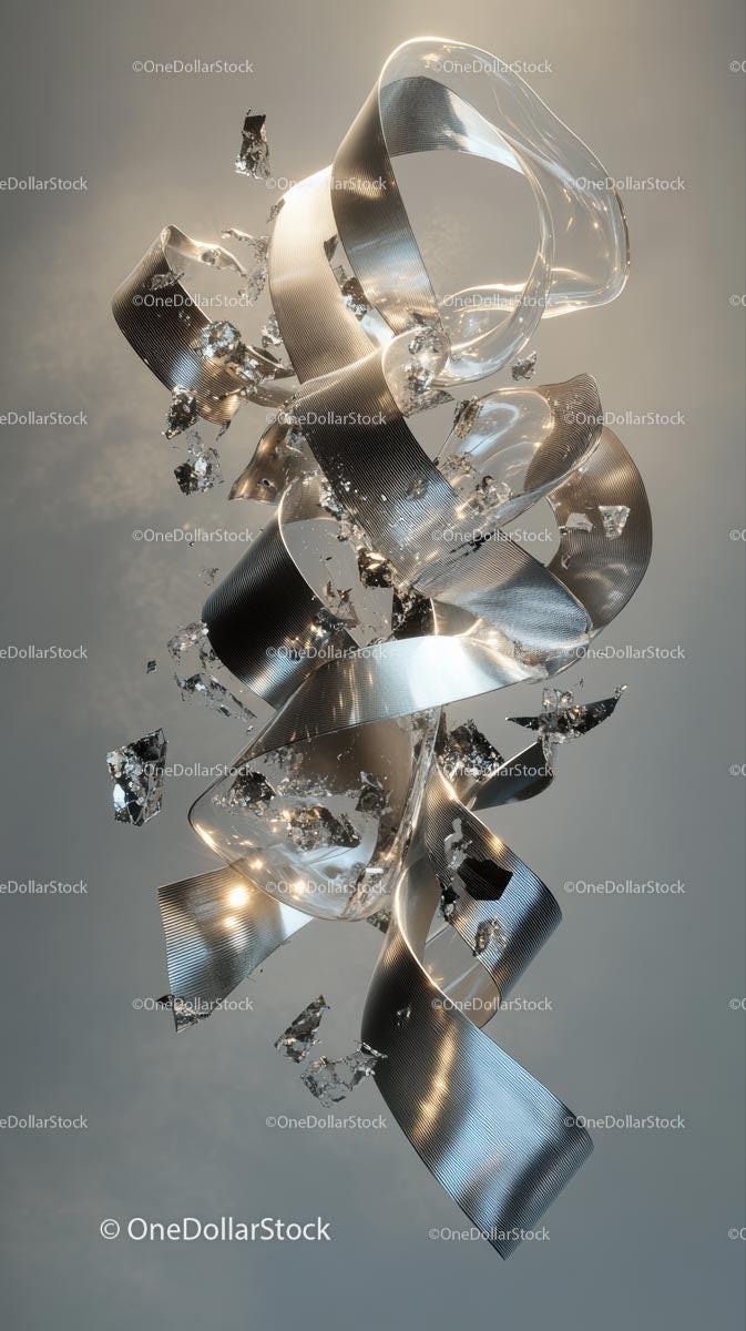 Abstract Metallic Ribbon Sculpture with Shattered Effect