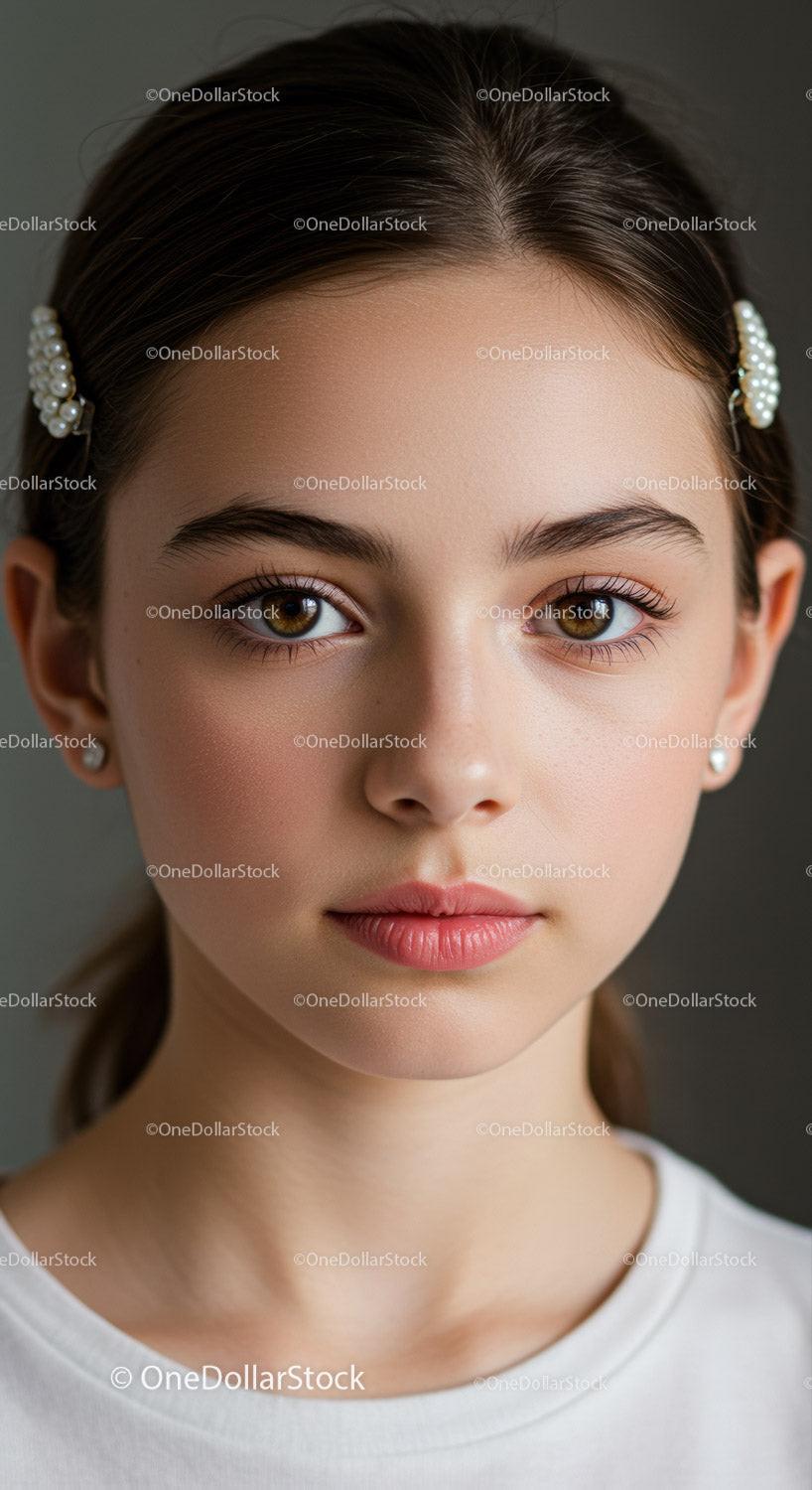Close-Up Portrait of a Girl with Brown Eyes and Elegant Pearl Accessories