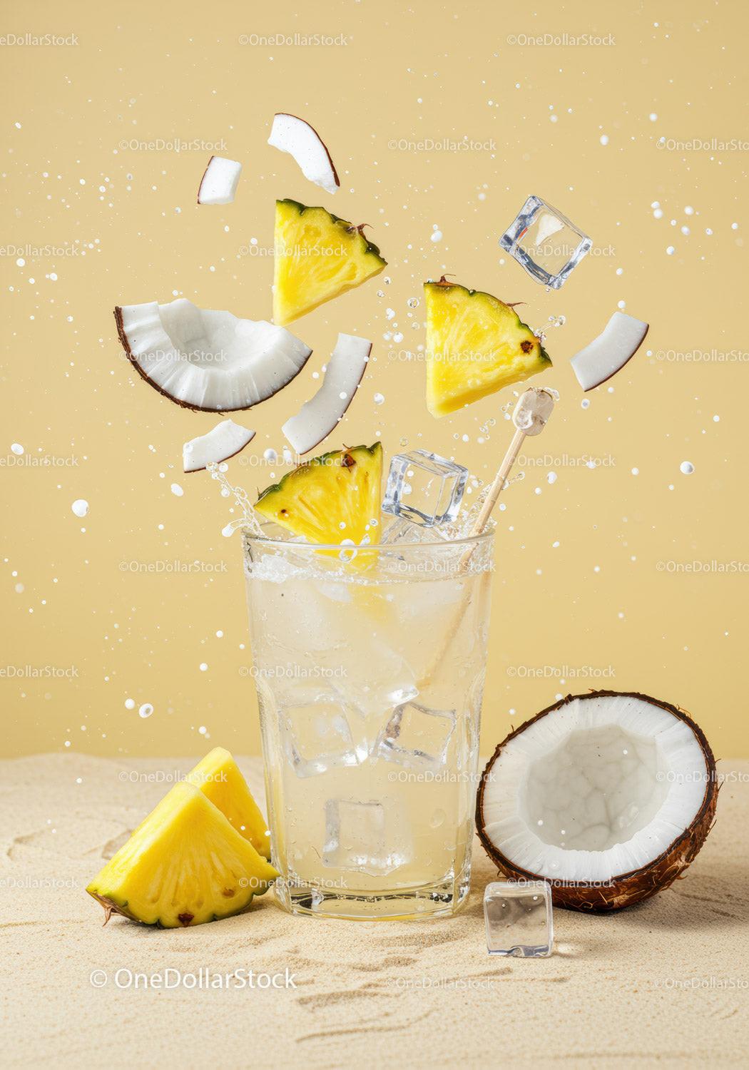 Refreshing Pineapple Coconut Drink with Ice Splash