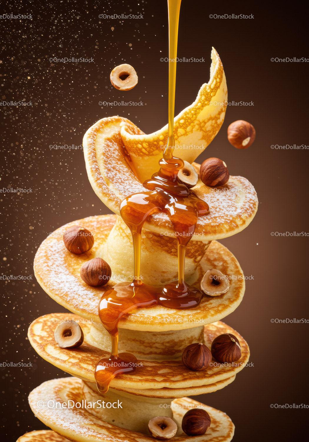 Stack of fluffy pancakes with hazelnuts and honey drizzle