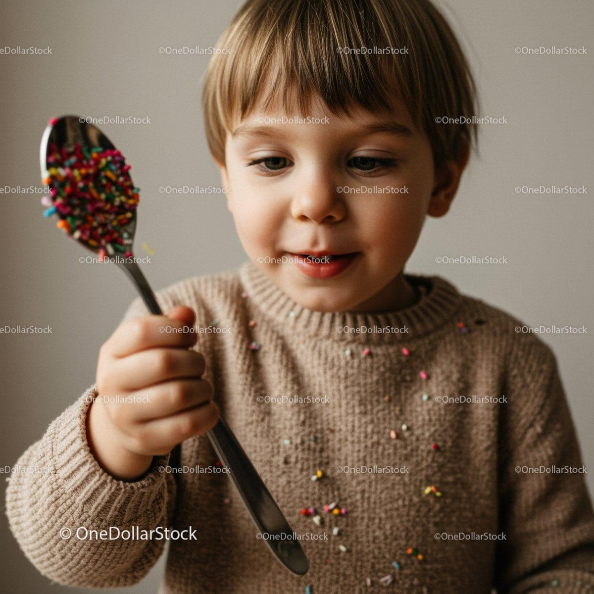 Little boy enjoying colorful sprinkles on spoon
