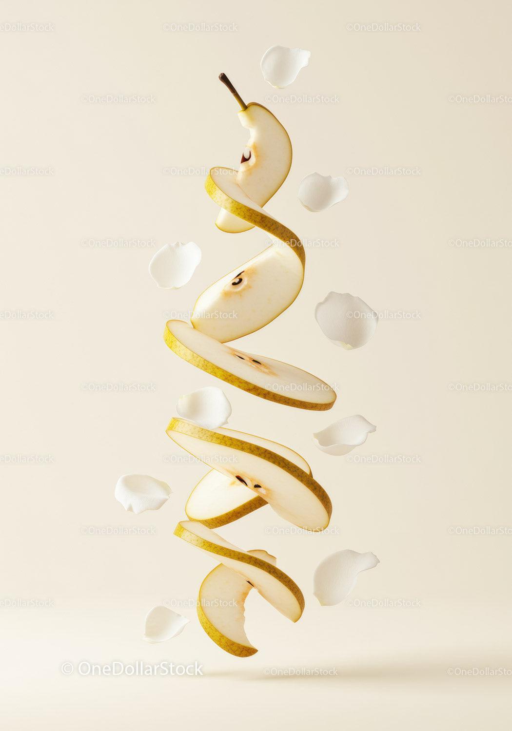 Spiral Sliced Pear with Floating White Petals
