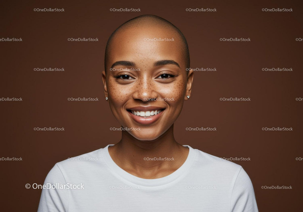 Smiling Black Woman with Short Hair and Freckles in Studio Portrait