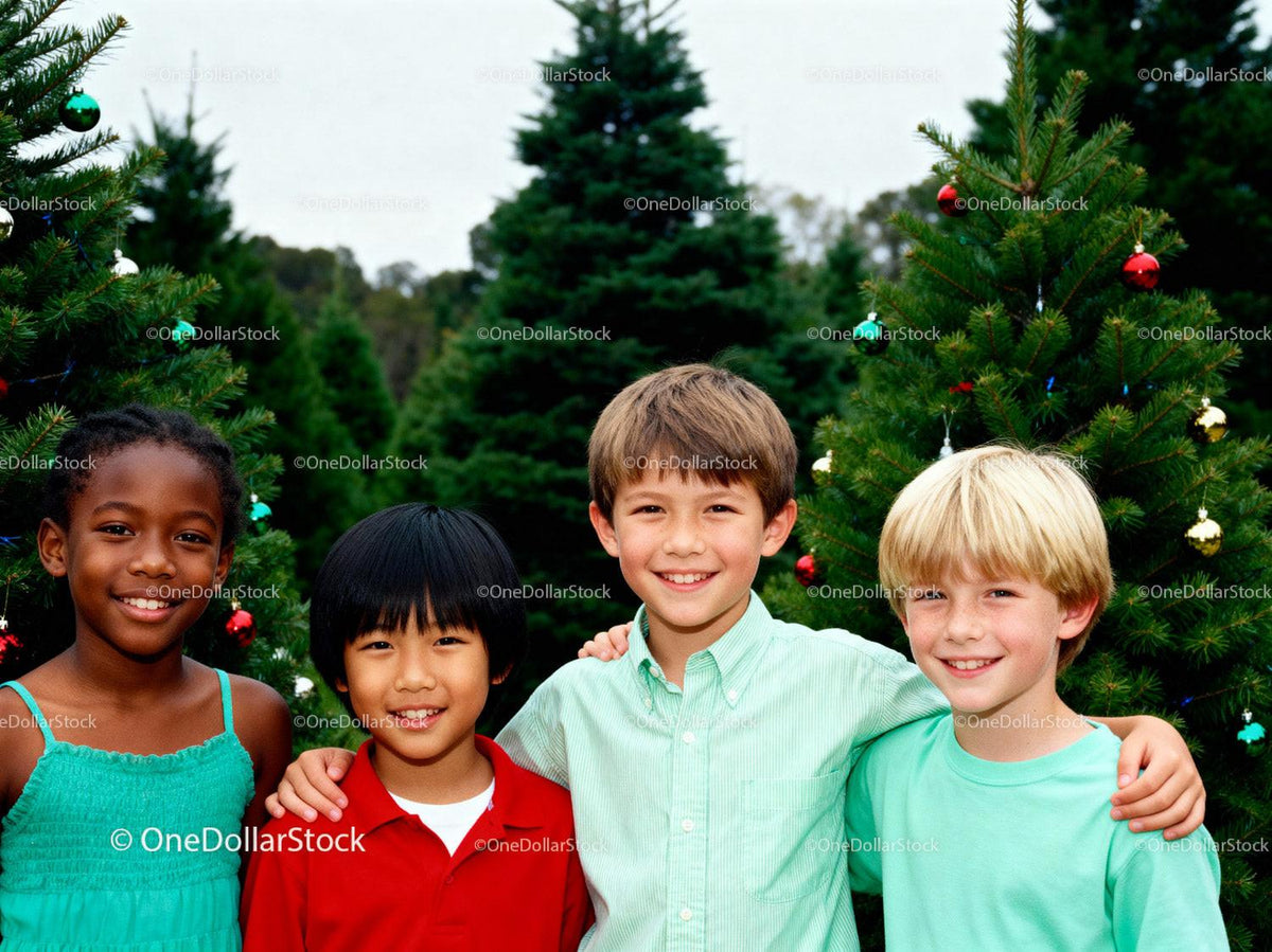 Smiling children posing by decorated Christmas trees