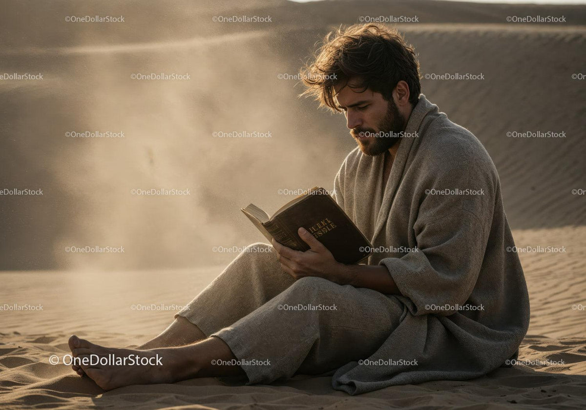 Man in Casual Clothing Reading Book in Desert During Dust Storm Stock Photo Bundle preview 14