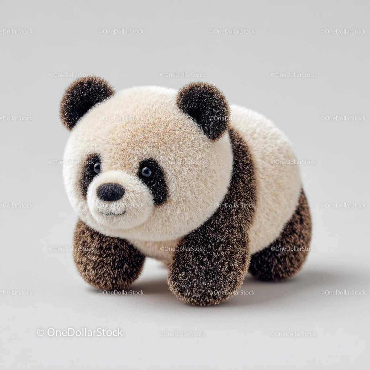 Soft plush panda toy with cream fur and dark patches standing on plain background