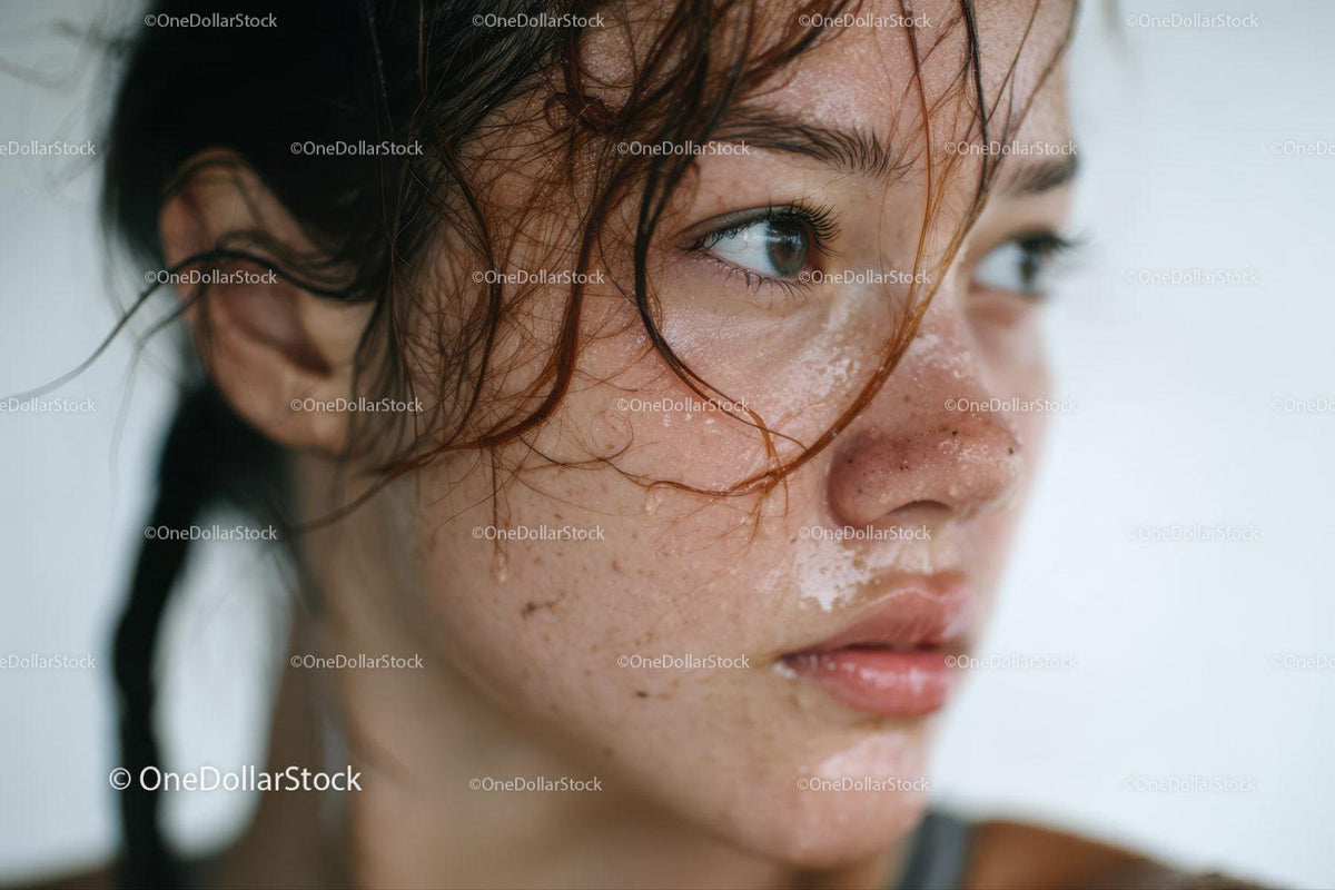 Close-up of a Young Woman with Wet Hair and Freckles
