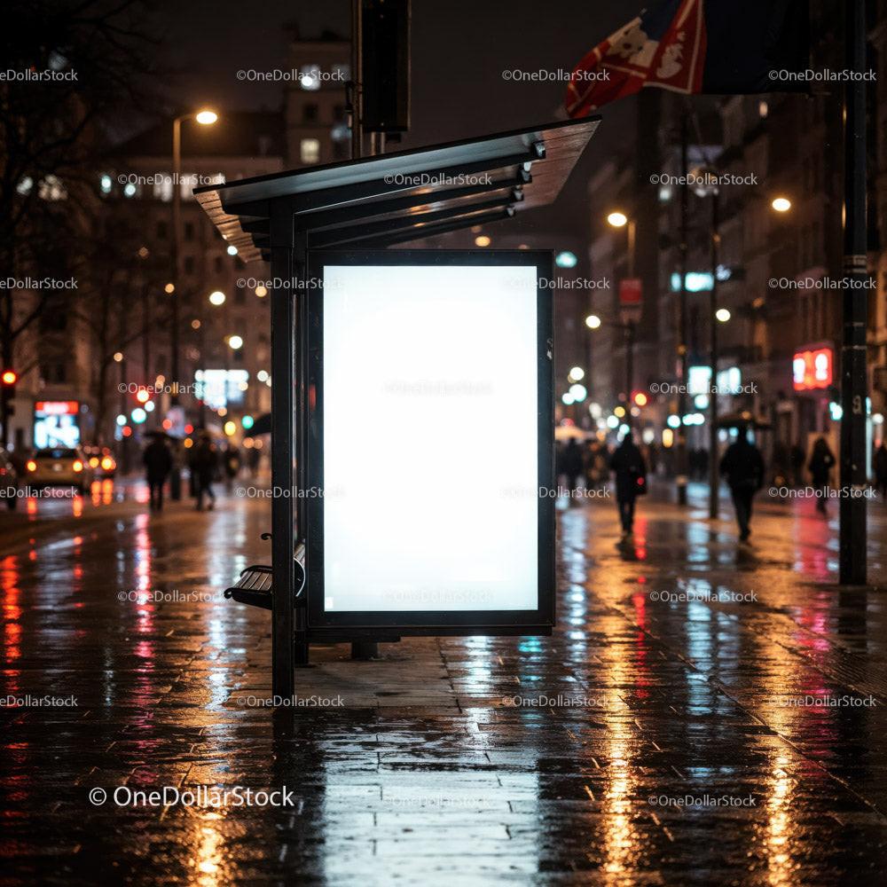 Night City Street with Illuminated Bus Stop and Neon Signs JPG Mockup Image creative preview 4