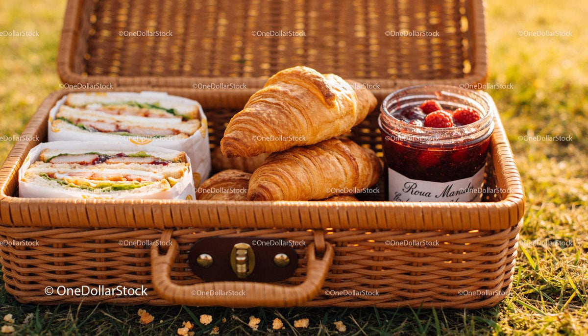 Delicious picnic basket with sandwiches croissants and jam