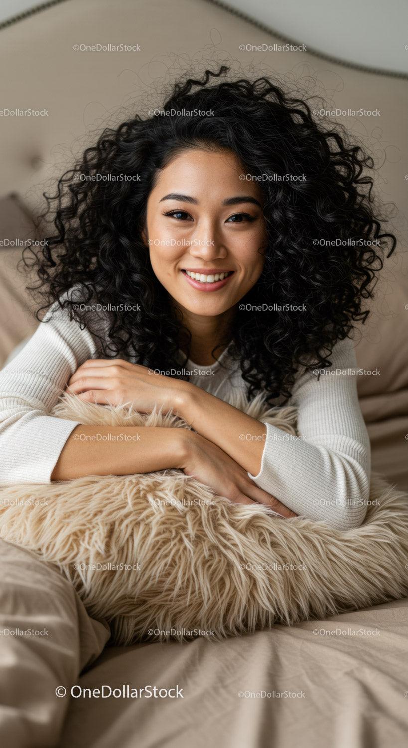 Smiling young woman relaxing in cozy bedroom setting