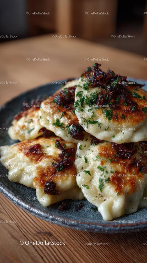 Dumplings with Bacon and Herbs Served in Rustic Bowl Stock Photo Bundle preview 5