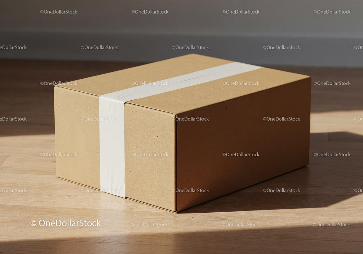 Simple cardboard box sealed with white tape on wooden floor JPG Mockup Image preview