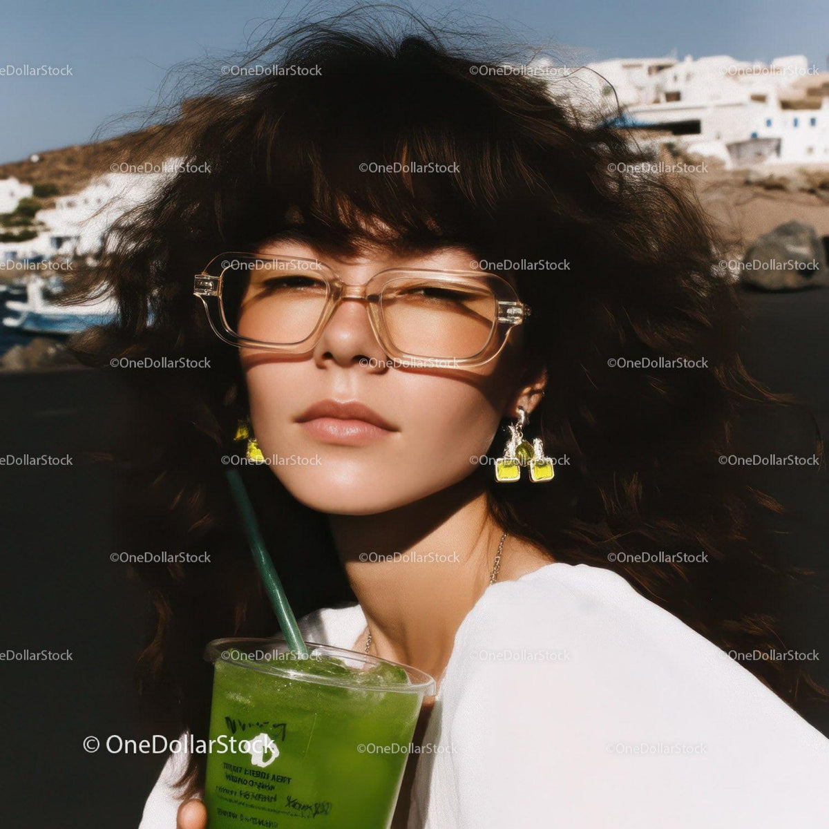 Stylish Woman Wearing Glasses Enjoying Green Cocktail on Sunny Beach