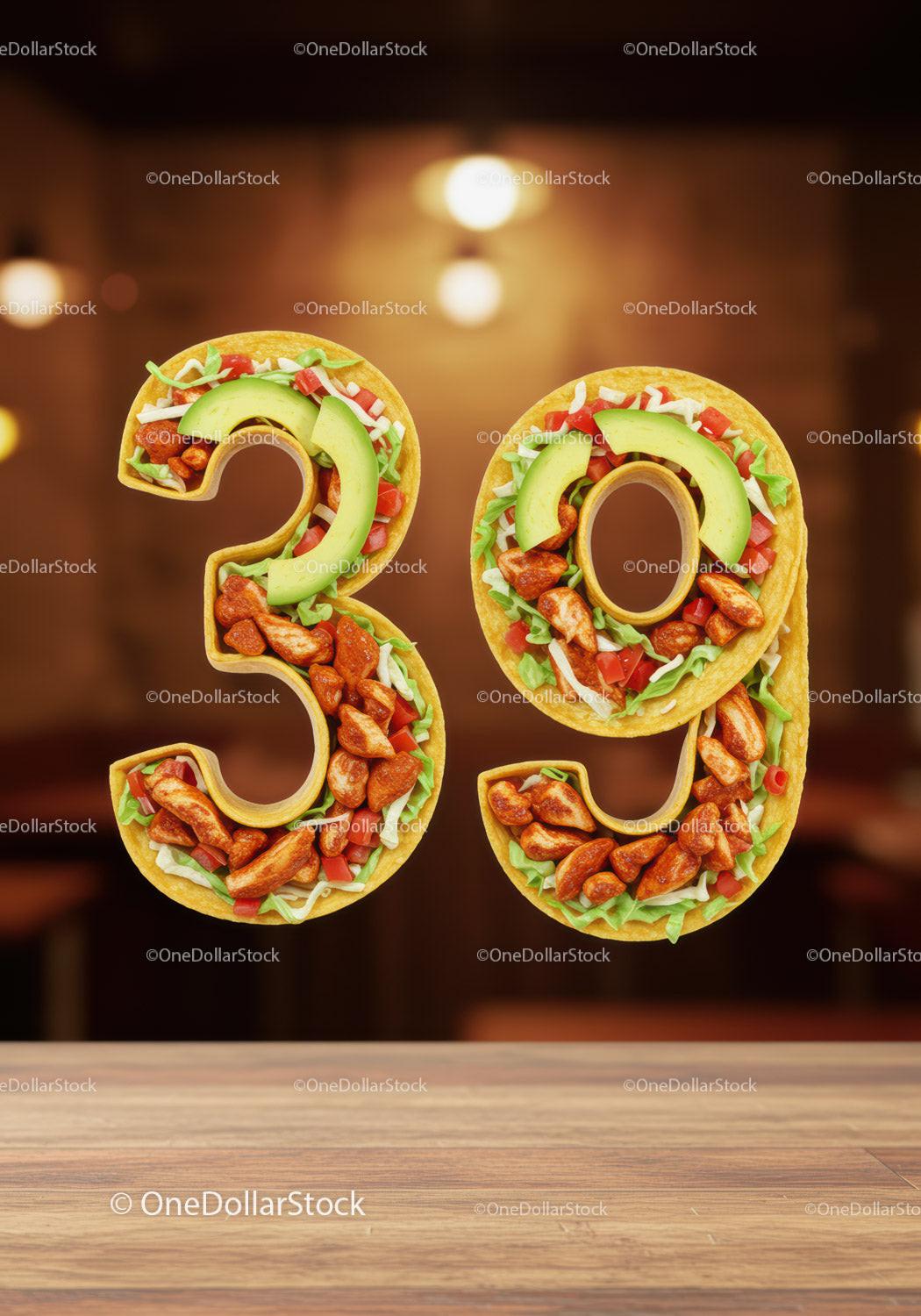 Taco Shaped Number Thirty Nine with Fresh Ingredients