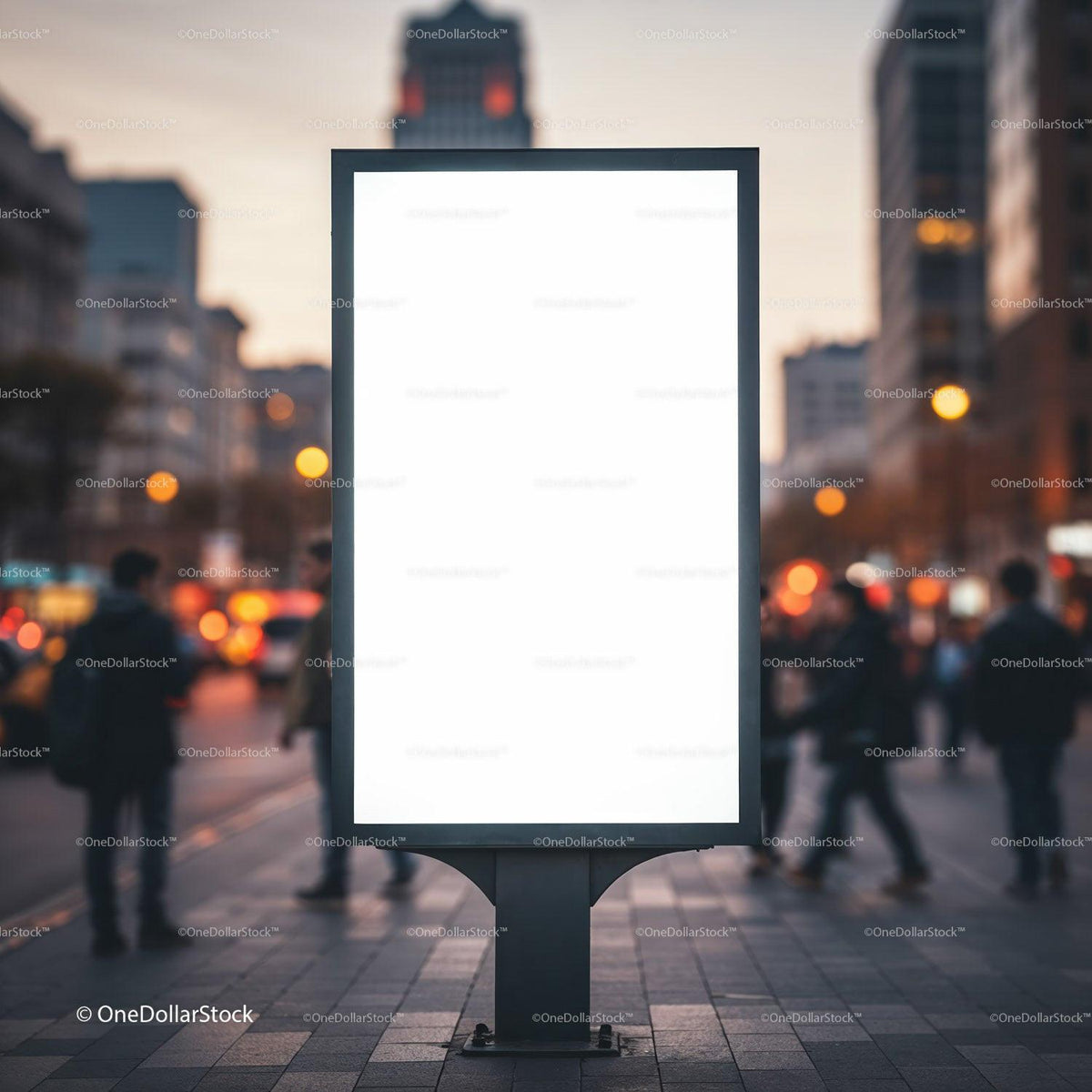 Empty urban billboard glowing at dusk in city street JPG Mockup Image preview