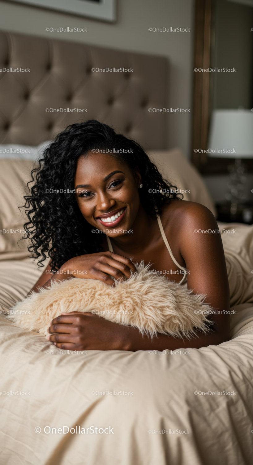 Smiling woman relaxing on bed with soft pillow