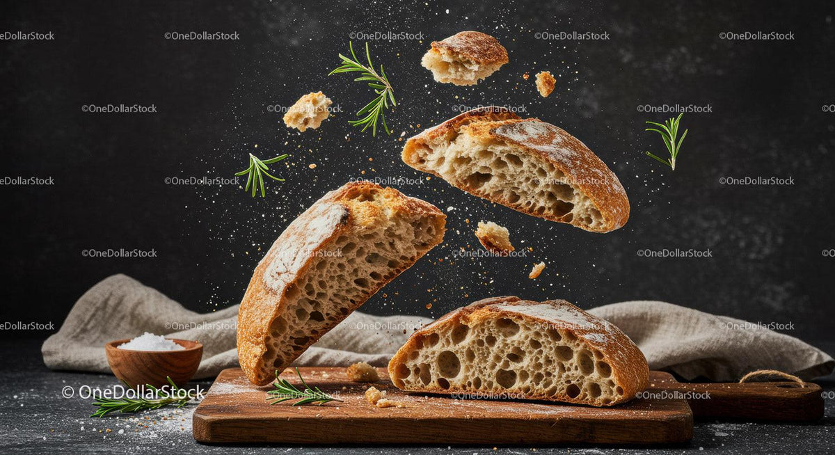 Fresh Rustic Bread with Rosemary Floating Above Wooden Board