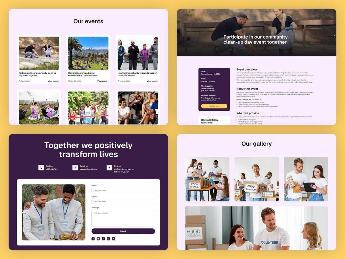 Charityflow Framer template website sections preview