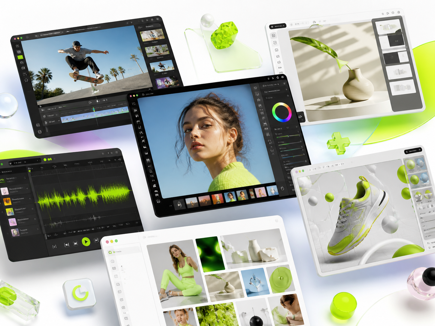 Creative Tools product mockups with floating interface windows