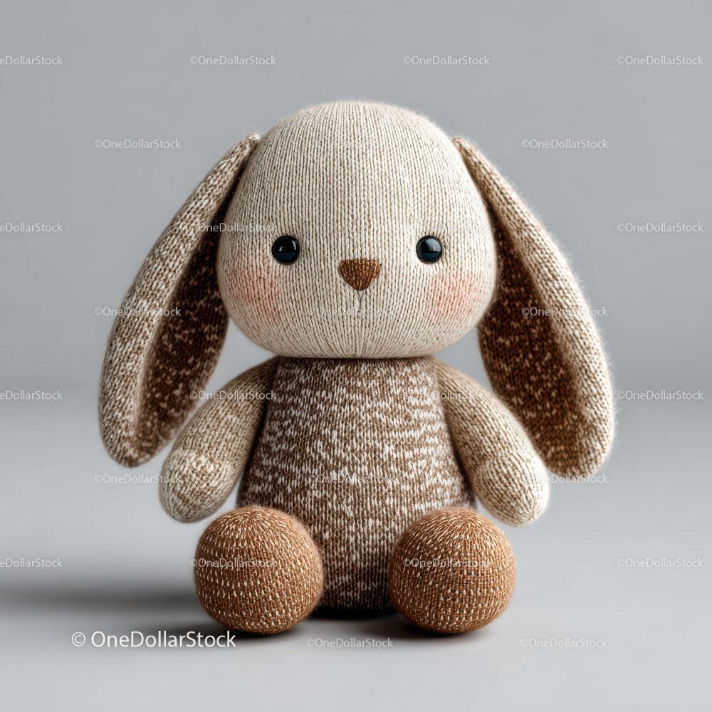 Knitted bunny plush toy with floppy ears sitting on gray background