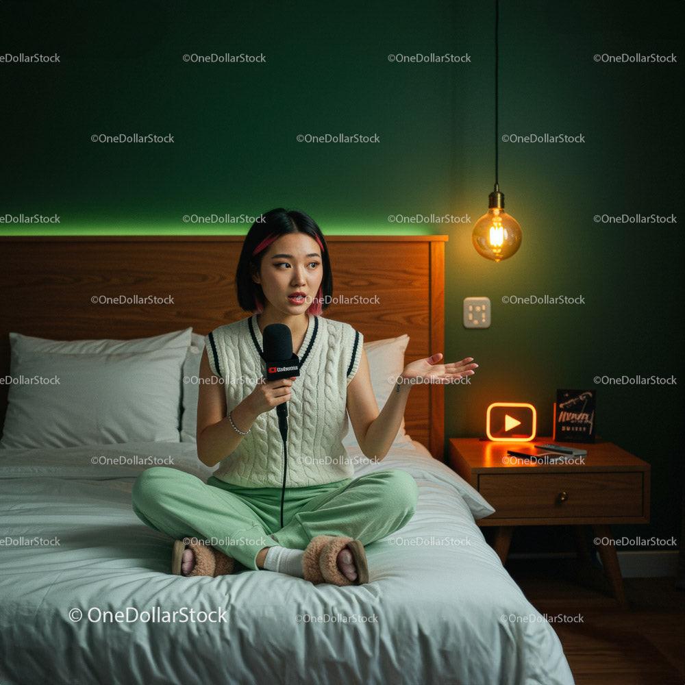 Young Woman Podcasting in a Cozy Modern Bedroom Setting Stock Photo Bundle preview 10