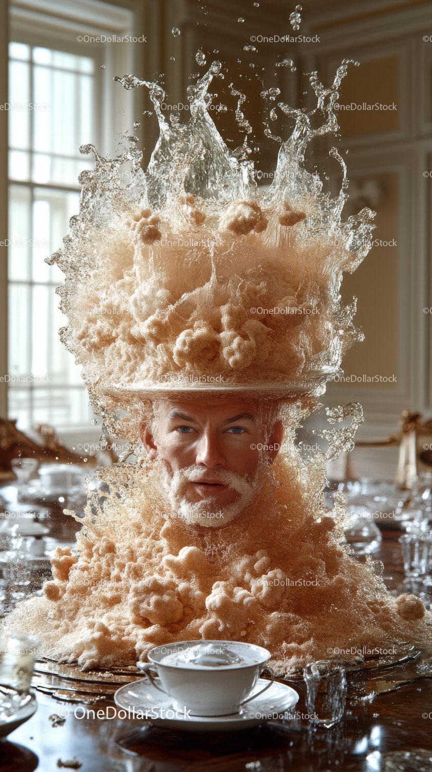 Man's head surrounded by coffee splash and foam on a dining table with cups