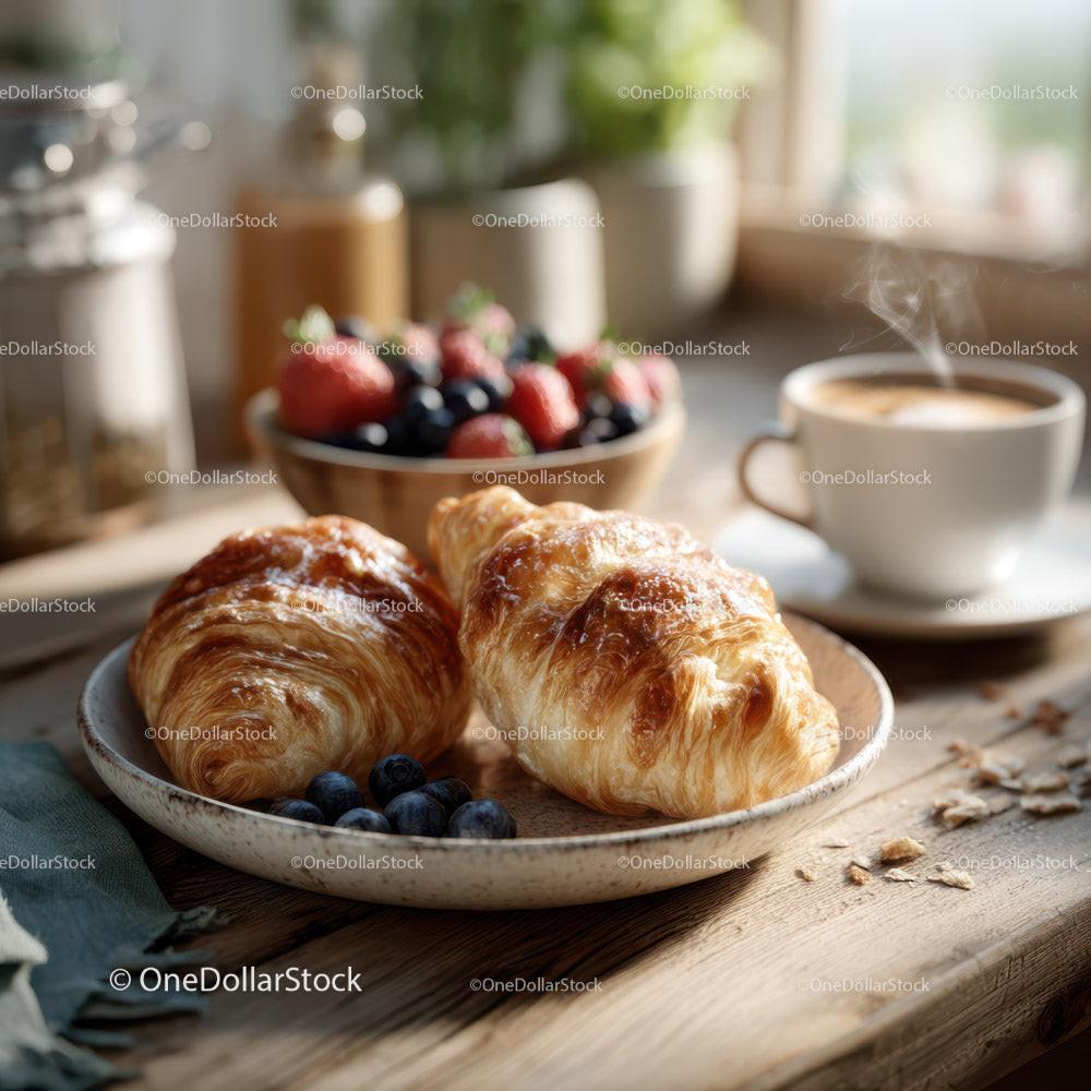 Fresh Croissants with Berries and Coffee on Wooden Table