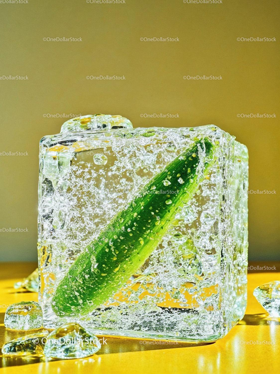 Fresh cucumber frozen inside a clear ice cube