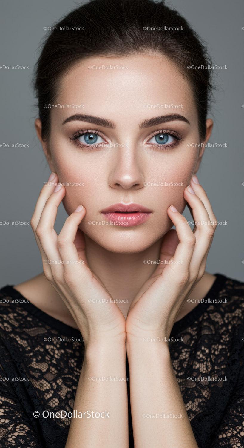 Elegant Portrait of a Woman with Bright Blue Eyes and Flawless Skin