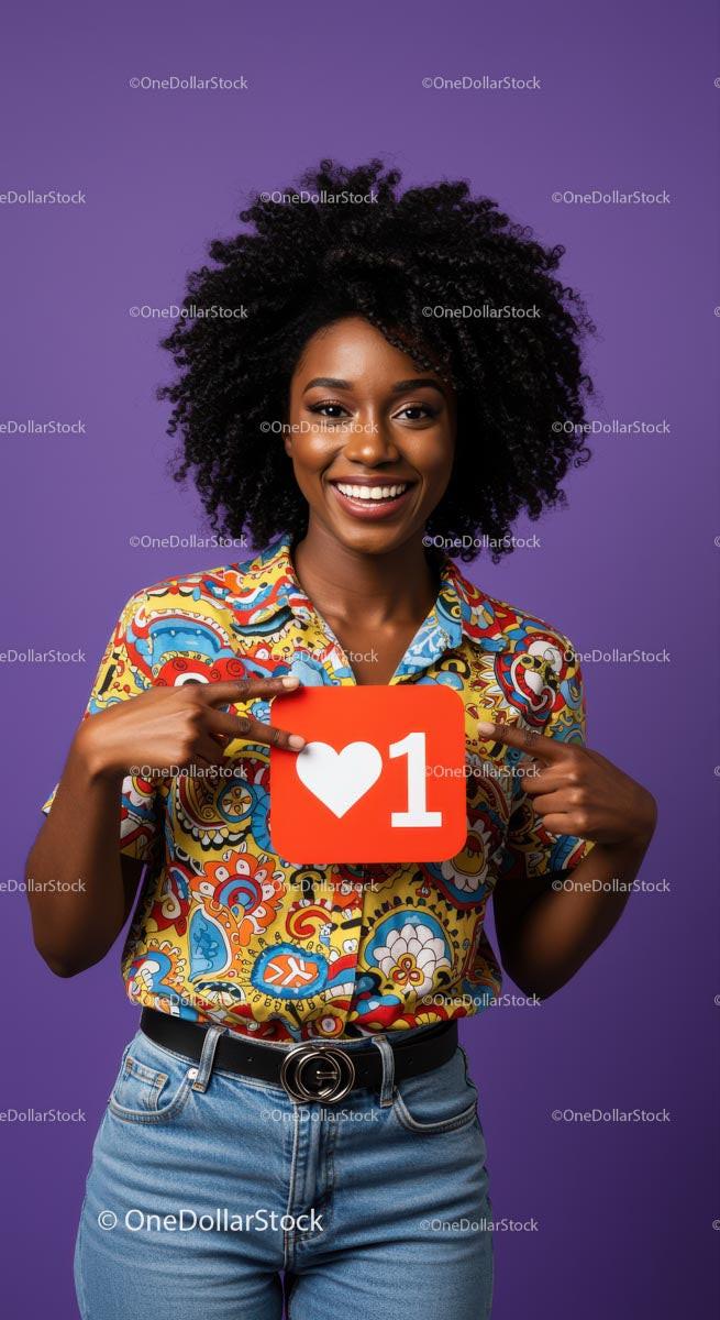 Smiling Woman Holding Heart Sign with Colorful Shirt Against Purple Background Stock Photo Bundle preview 43